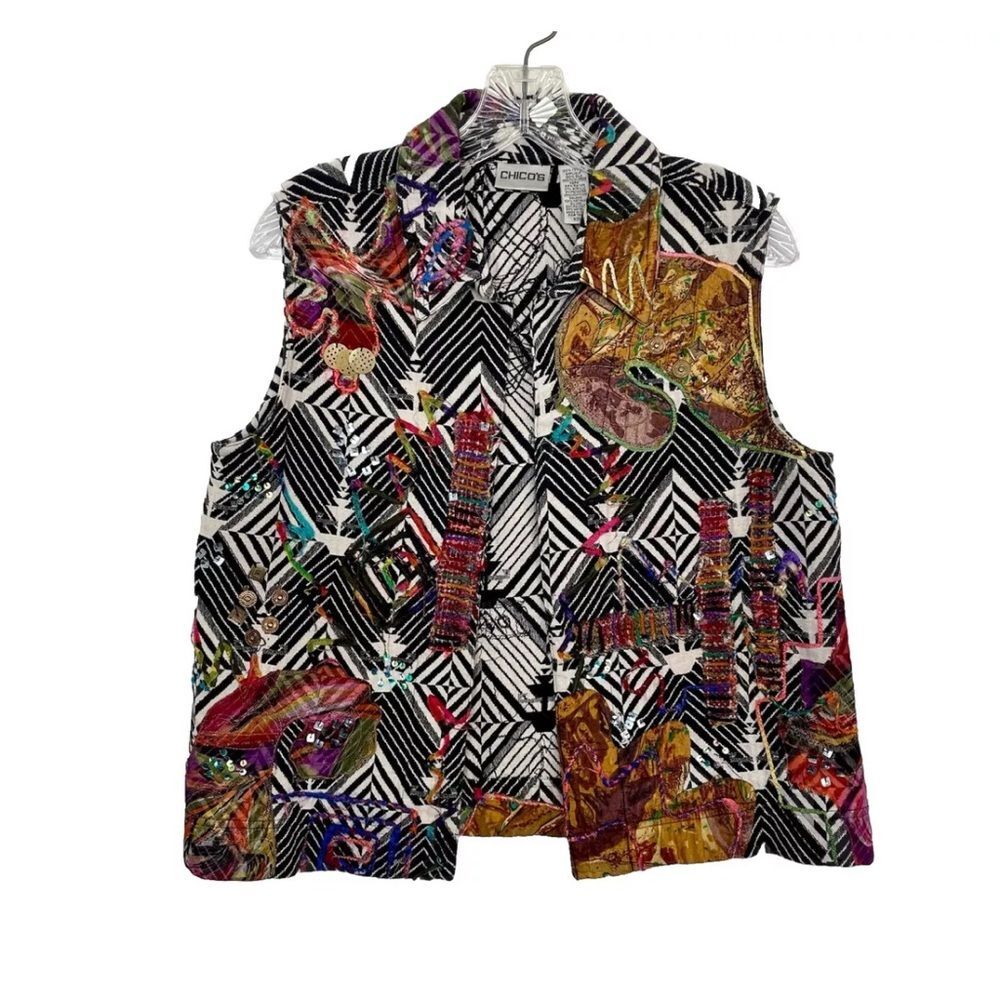 Chicos Vintage Vest Size 1 Mixed Media Patchwork Open Front Collared Cotton Silk